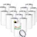 16 Pack Sublimation Tumblers Blanks Bulk Sublimation Cups Skinny Straight Tumbler Stainless Steel Double Wall Insulated Water Bottles with Lid & Straw for DIY Gift, 12oz White