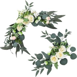 H&W 2pcs Small Size Artificial Wedding Arch Flowers for Wedding Sign, Floral Swag Dusty Decor for Reception Ceremony Backdrop Sweetheart Table (Champagne Colored Peony)