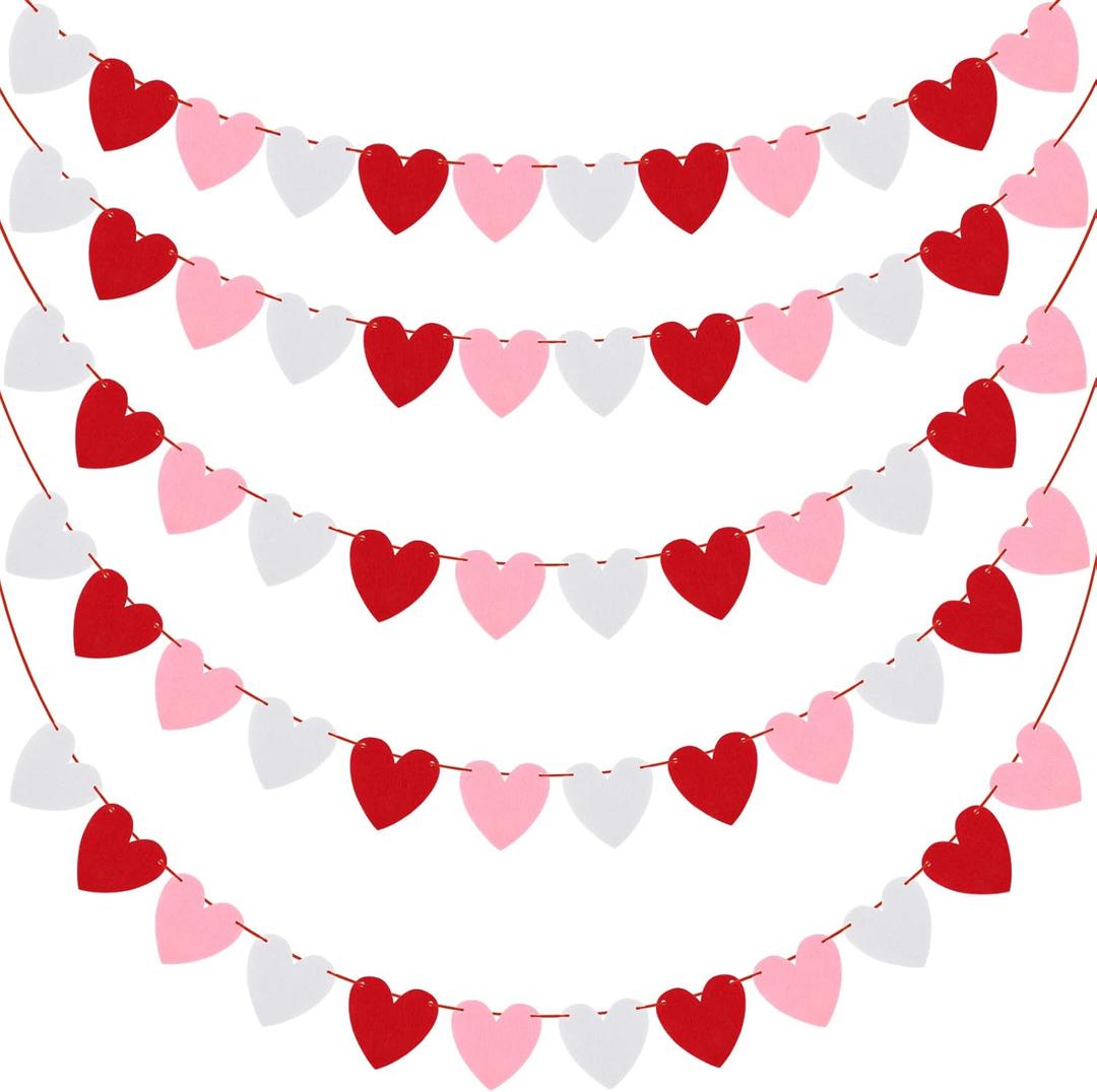 ADXCO 5 Pack Valentines Heart Garland Decorations Felt Heart Banner Hanging Valentines Garland NO DIY for Valentines Day Decorations, Anniversary, Mantle, Room Decor (Red, White, Pink)