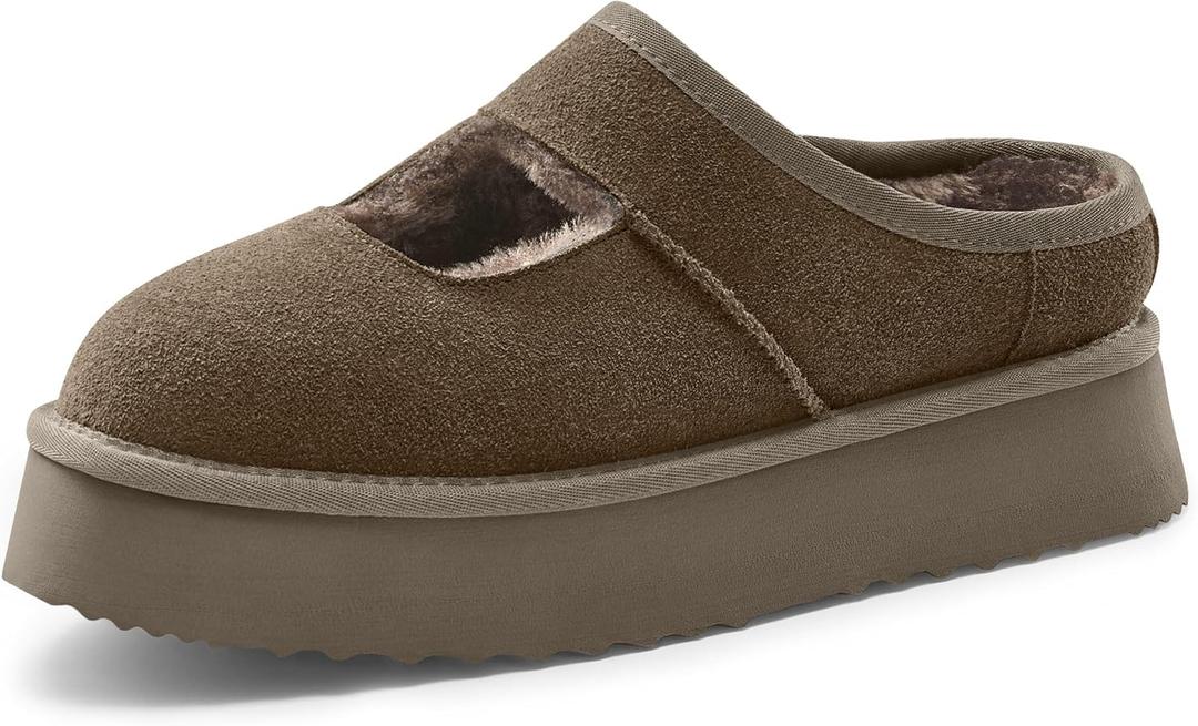 Vilanva Platform Slippers for Women Cozy Fur Lined Slip on Mary Jane Winter Shoes Warm Comfy House Slippers for Indoor Outdoor (8.5, Taupe)