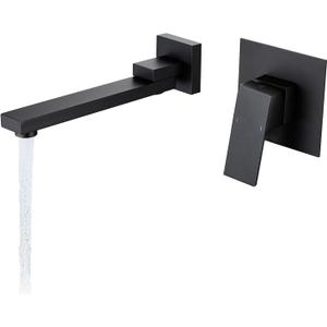 Matte Black Wall Mount Tub Faucet with 180 Swivel Stainless Steel Spout, Solid Brass Valve, Modern Square Wall Mounted Tub Filler with Single Handle Temperature Control
