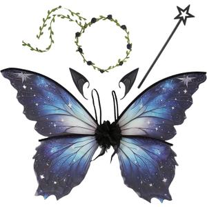 Snycler Fairy Wings for Adults and Girls, Fairy Costume Set with Floral Garland, Hair Tinsel, Wand & Elf Ears Butterfly Wings (Black)