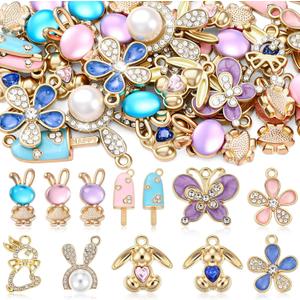 Landical 48 Pcs Easter Charms for Jewelry Making Assorted Gold Enamel Pastel Bunny Rabbit Flower Butterfly Jewelry Pendants for Spring Bracelet Necklace Earring Craft Making Supplies