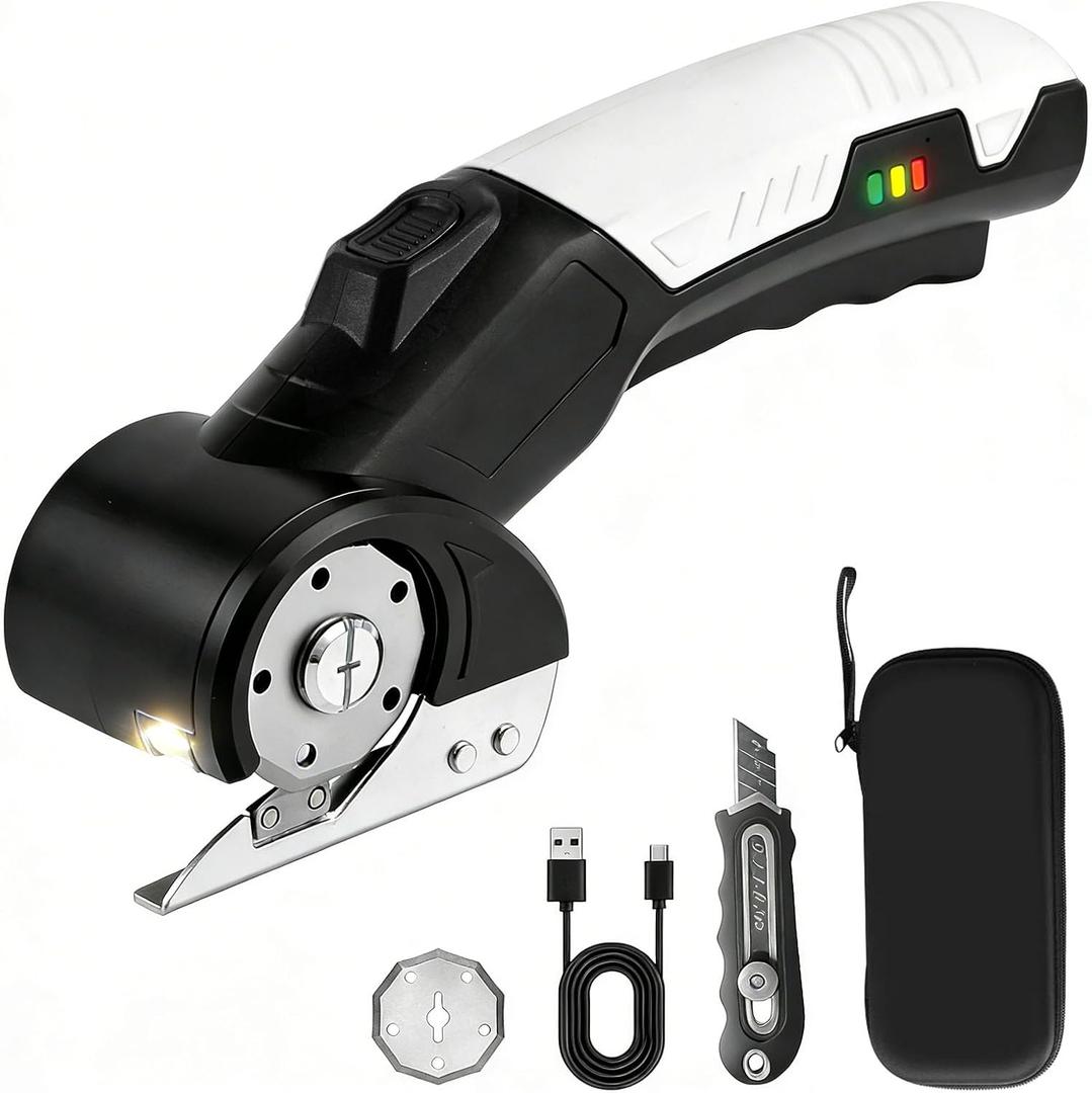 AYP Cordless Electric Scissors,4.2V Cardboard Cutter Machine with Utility Knife & Storage Box, Rotary Cutter Used for Fabric, Leather, Plastic, Carpet Cutting