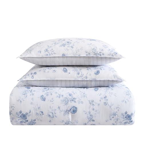 Laura Ashley- Queen Comforter Set, Reversible Cotton Bedding with Matching Sham(s), Farmhouse Home Décor (Belinda Blue, Queen)