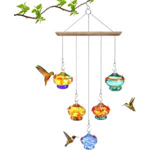 Hummingbird Feeder for Outdoors Hanging, Hand Blown Glass, with 2 Feeding Ports Up & Down- Wind Chimes Shaped Hummingbird Bird Feeders for Viewing, Ant and Bee Proof, Garden Decor Gifts