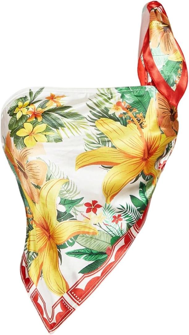 Women's One Shoulder Floral Tank Top Sleeveless Asymmetrical Hem Vacation Beach Crop Tops (S)