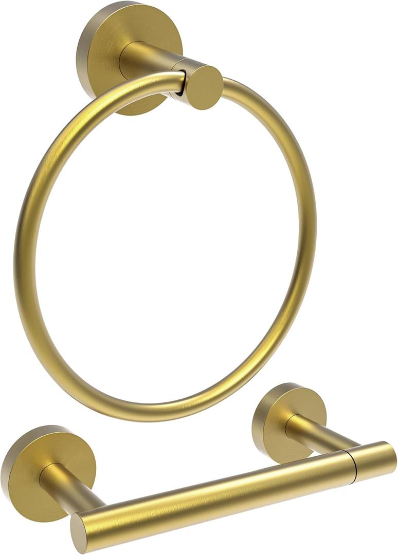 RARXTR Gold Toilet Paper Holder & Towel Ring SUS304 Stainless Steel 2pc Bathroom Hardware Set with Double Post Pivoting Toilet Paper Roll Holder Wall Mount & Bathroom Towel Holder Set