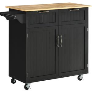 HOMCOM 41" Modern Rolling Kitchen Island on Wheels, Utility Cart Storage Trolley with Rubberwood Top & Drawers, Black