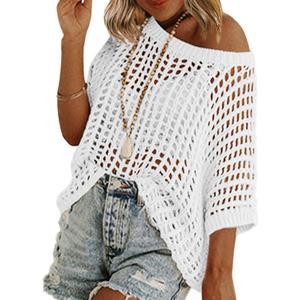 Zeagoo Short Sleeve Crochet Sweater Lightweight Summer Tops Loose Hollow Out Crewneck Pullover (White, M)