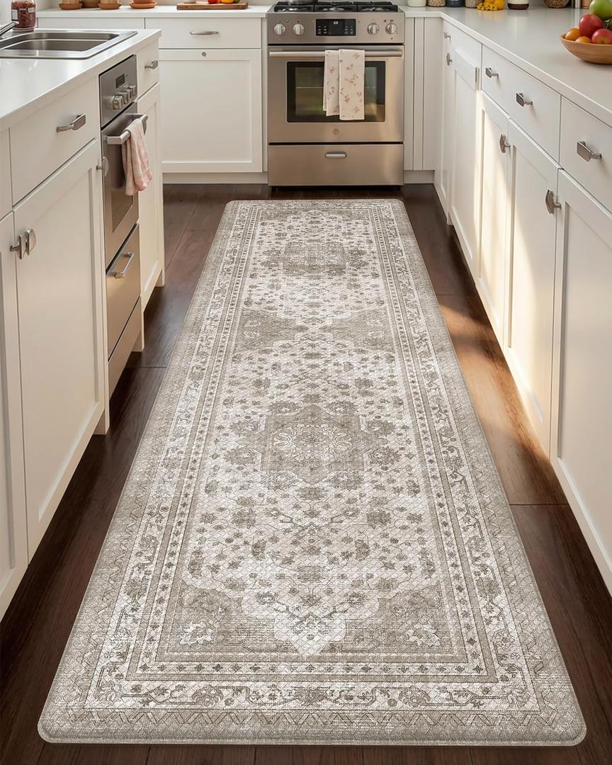 Color&Geometry Kitchen Floor Mats Anti Fatigue, Cushioned Boho Rugs,Waterproof Non Slip Kitchen Runner for Sink, Standing Mats for Office,24"x87",Beige, 87"l X 24"w X 0.4"th