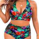 Yonique Womens Two Piece Plus Size Halter Bikini Swimsuits Tummy Control Bathing Suits High Waisted Swimwear, 20W