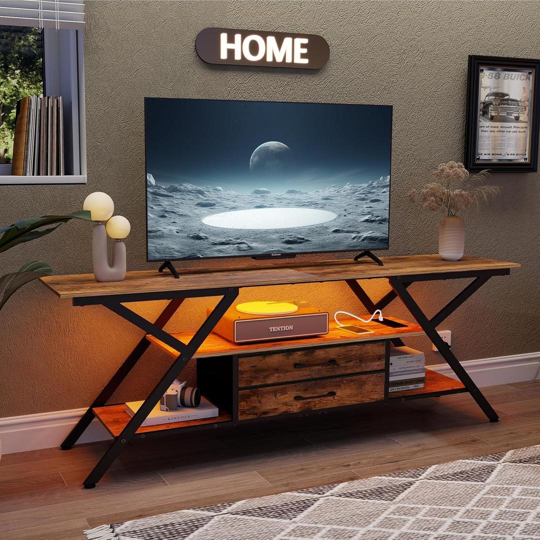 Modern 55" TV Stand with Power Outlet for TV up to 65 Inch LED and 2 Storage Fabric Drawers Entertainment Center with Charging Station for Living Room Bedroom (Rustic Brown) (Rustic Brown)