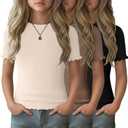 3 Pack Girls' T Shirts Short Sleeve Tees Crew Neck Ribbed Tops Lettuce Trim Cute Basic Solid Tees (9-10 Years, Black, Mocha, Cream)