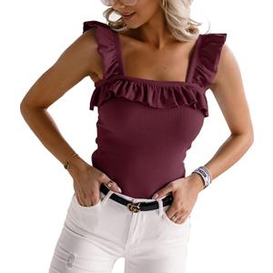 Womens Cute Sleeveless Tank Tops Ruffle Strap Square Neck Blouse Solid Color Knitted Camisole (Medium, Burgundy)