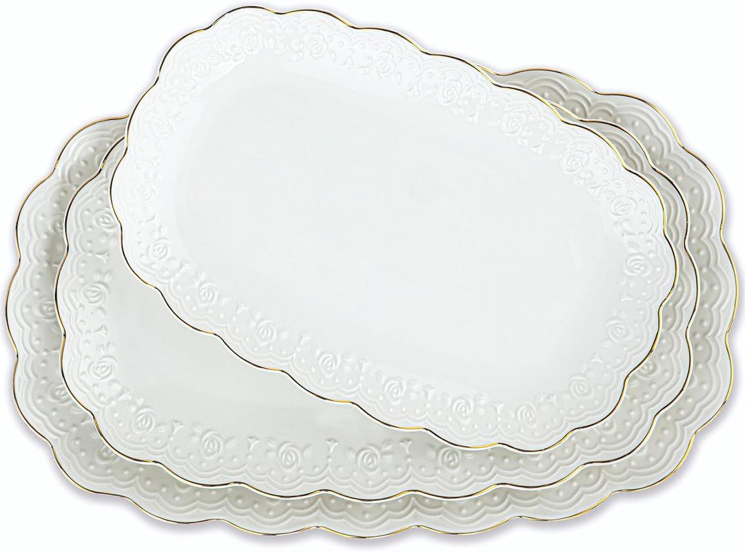Kassel Ceramic Serving Platter Set | 14/12/10 Oval Serving Trays for Entertaining at Parties and Weddings | Oven Safe Large Serving Trays for Tacos, Steak, and Cake