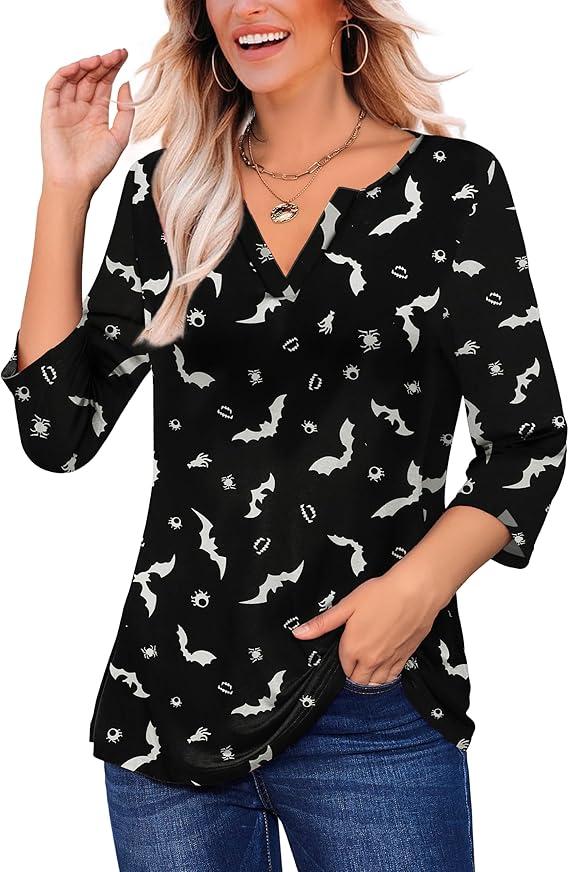 LIENRIDY Women's Plus Size 3/4 Sleeve Tops V Neck Henley Shirt Floral Tunic Tops, 3X