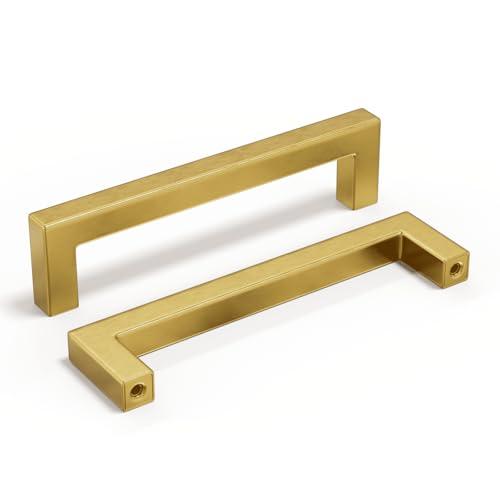 homdiy 5 Inch Brass Cabinet Handles Brushed Brass Cabinet Pulls 10 Pack - Gold Cabinet Pulls Square Gold Pulls Brass Cabinet Hardware for Cabinet, Cupboard, 5'' Hole Centers