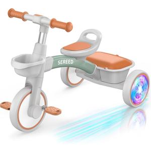 SEREED Colorful Lighting Toddler Tricycle for 2-5 Years Old Boys Girls, Adjustable Seat&Handlebar Trike, Removable Basket, Birthday Gift Idea for Kids Ages 2+ (Green)