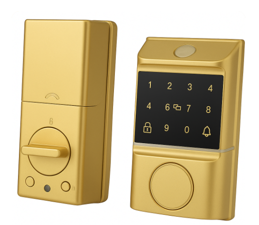 Security Smart Lock, Fingerprint Keyless Entry Door Lock, Front Door Smart Lock Deadbolt Semiconductor Recognition Virtual Password 5 Unlocking Way Easy to Install Electronic
 (Gold)