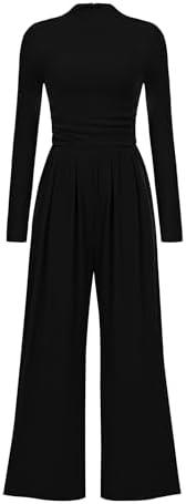 PRETTYGARDEN Jumpsuits for Women Dressy Fall Fashion Clothing 2026 Long Sleeve Mock Neck Date Night Rompers Business Outfits,small
