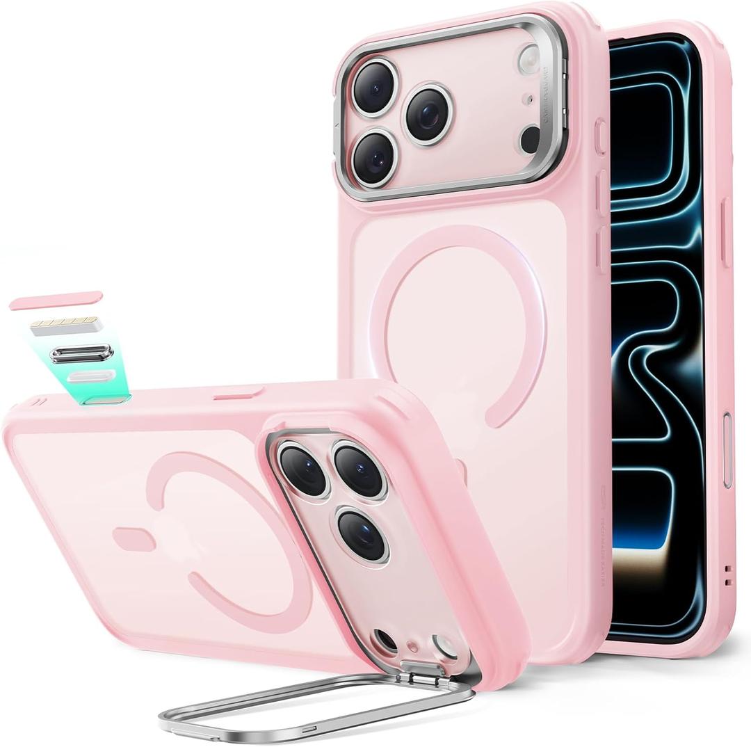 ESR for iPhone 17 Pro Case with Stash Stand, Camera Control Cover Compatible with MagSafe, Military-Grade Drop Protection Magnetic Phone Case, Scratch-Resistant Back Cover,Frosted Bubblegum Pink