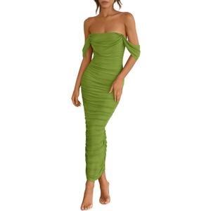 PRETTYGARDEN Womens 2025 Summer Off The Shoulder Dress Ruched Bodycon Sleeveless Split Cocktail Party Maxi Dresses (XX-Large, Olive Green)