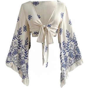 Women's Boho Tops Western Country Concert Outfits Tie Front Long Bell Sleeve Tops 70s Hippie Disco Clothes (Medium, Blue and White)