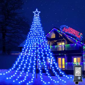 12FT 344 LED Christmas Tree Lights, Plug in Waterfall String Lights with Topper Star, Waterproof 8 Modes Outdoor Christmas Decorations for Indoor Patio Yard Lawn Xmas Party, Blue