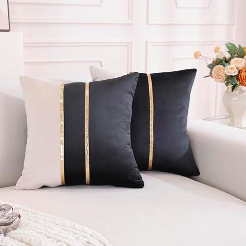 TAOSON Velvet Throw Pillow Covers,Pack of 2 Soft Decorative Cushion Covers Cases Black Beige Patchwork with Gold Leather for Sofa Bedroom Livingroom Car, 16 x 16 Inch