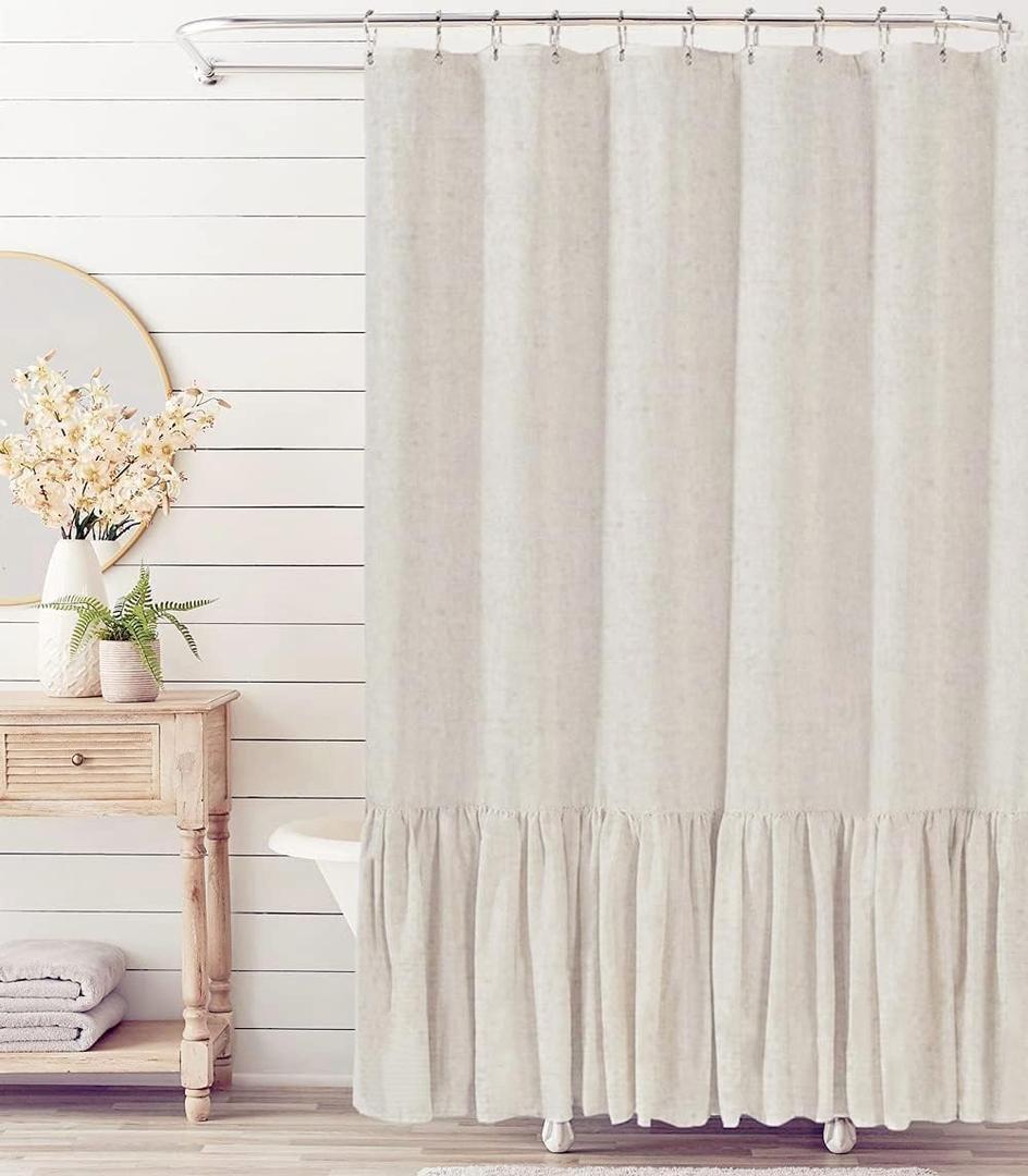 Felisa Beige Farmhouse Shower Curtain with A Ruffle Hem, Linen Blend Shower Curtain for Bathroom,Natural,72"x72"