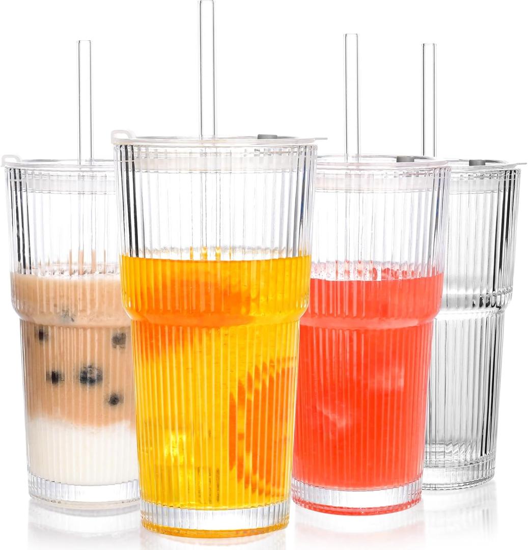 Amyoole 20 oz Tumblers with Lids and Straws, Ribbed Glass Set of 4-Clear Ice Coffee Cups Ideal for Smoothies, Juice, Boba & Cold Beverages, Durable reusable Glassware，Drinking Glasses with 1 Brush