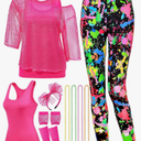 Medium Jadive 12 Pcs 80s Costume Outfits Accessories for Woman Party Fishnet Shirt Legging Vest Hairband Necklace Gloves Leg Warmer. Size M