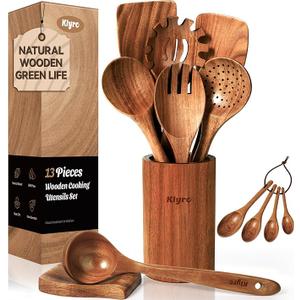 KLYRO Wooden Spoons for Cooking, Nonstick Kitchen Utensils Set with 4 Piece Measuring Spoons, Comfort Grip Wooden Spatula Set, 9 Piece Teak Wooden Cooking Utensils with Holder and Spoon Rest