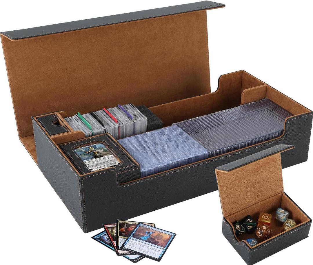 2200+ MTG Deck Box Leather Magnetic Closure Commander Organiser, Holds 5 Small Deck Boxes, Includes 1 Small Deck Box, 8 Dividers, 1 Foam Stopper, 1 Toploader, Black/Brown