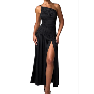 LuFeng 2024 Women's Summer Sexy One Shoulder Sleeveless Ruffled Maxi Dress Split Tiered Flowy Dress, M