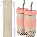 Amyoole 2 Pack Reusable Boba Cup, 24Oz Wide Mouth Smoothie Cup,mason Jar Glass Cups with Lids and Straws,Bubble/Boba Tea Cups,Ice Coffee Tumbler 2 colored straws 1 sponge brush (Pink)
