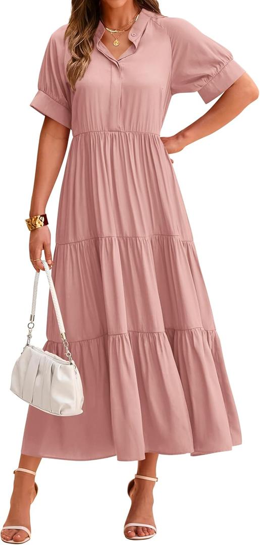 dowerme Women's Summer Dresses 2026 Casual Short Sleeve Button Loose Fit Pleated Boho Flowy Swing Long Beach Sun Dress (Medium, Nude Pink)