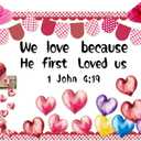 74 Pcs Valentines Christian Bulletin Board Decoration, We Love Because He First Loved US 1 John 4:19 Bible Verse with Pink Heart Cross Cutouts Honeycombs for Sunday School Church Classroom