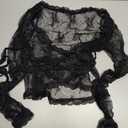 OYOANGLE Women's Floral Lace Cut Out Frontv Blouse Shirts Slim Fit Sheer Tops (Medium, Black)