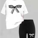 Girl's 2 Piece Cute Summer Outfits Bowknot Graphic Short Sleeve T Shirt and Biker Shorts Set