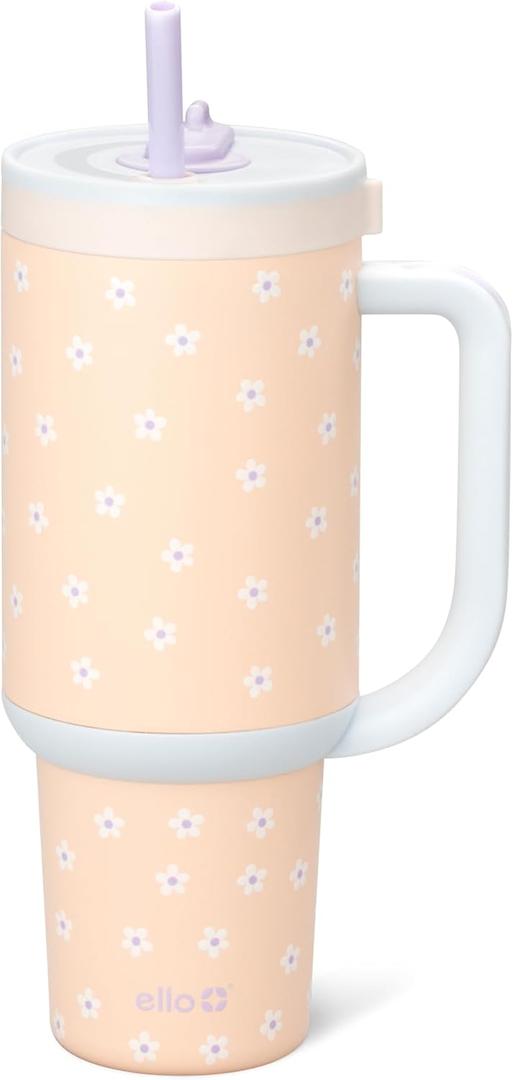Ello Oasis 40 oz Tumbler with Handle & Retracting Straw | Reusable Insulated Stainless Steel Cup 100% Leakproof, Gifts for Teens Women Men | Keeps cold for 24 Hours, Cup Holder Friendly, Daisies