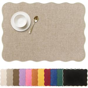 AHHFSMEI Faux Linen Placemats Set of 6 Heat Resistant Non-Slip Stain Proof Table Mats for Kitchen Dining Elegant Decor Place Mats (Linen Beige)