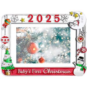 Baby's First Christmas Sentiment Metal Picture Frame for 4x6 Photo Frame HD Glass Display Christmas Decorations (2025 Merry Christmas)