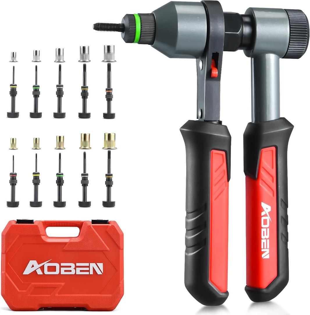 AOBEN Rivet Nut Tool Kit, Nutsert Kit, Upgraded Rivnut Tool with 10 Metric and SAE Madrels, 100 Pcs Rivnuts, and Rugged Carrying Case