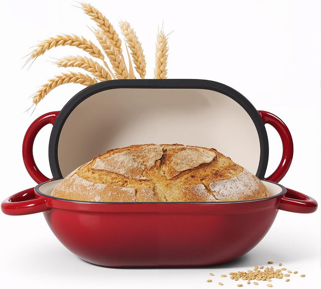 2 QT Oval Dutch Oven for Bread Baking, Enamelled Cast Iron Bread Oven for Sourdough, Sourdough Loaf Pan with Lid, Heavy-Duty Non Stick Bread Pan for Homemade Bread Baking, Red