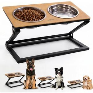 Dog Bowls Elevated, Adjustable Raised Dog Bowl Stand with 2 Stainless Steel Food Bowls 20Tilted Water Bowls for Small Sized Dogs and Cats (Natural Wood Color, Small)