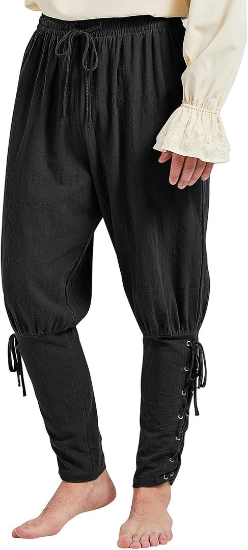 Men's Pirate Renaissance Pants with Ankle Banding - Medieval Viking Navigator Costume Cosplay - Drawstrings (Large, Black)