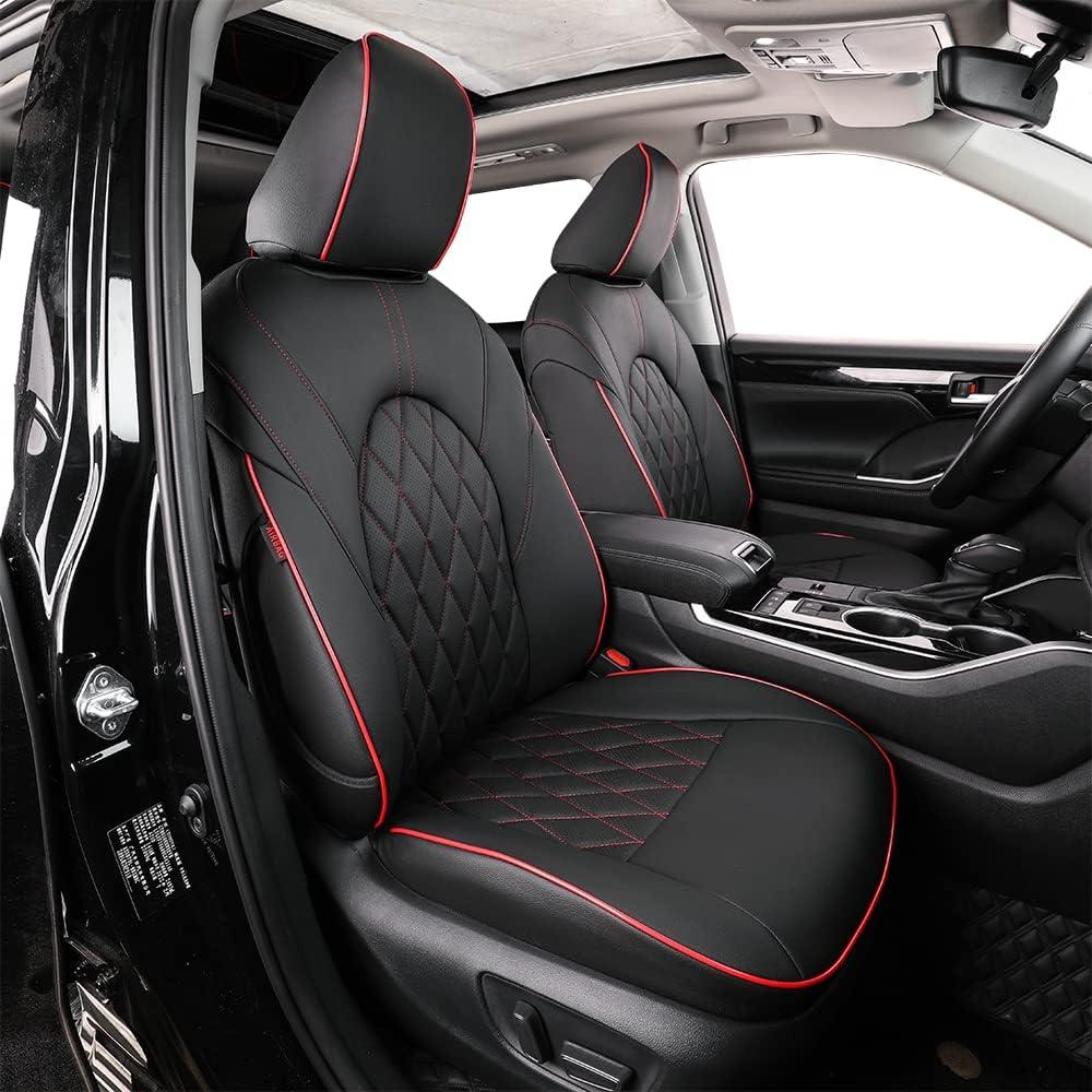 EKR Highlander Seat Covers for Toyota Highlander 2020 2021 2022 2023 2024 2025 2026,2nd Row Captain Chairs,Leather Car Seat Cover Full Set for Trucks SUV-Faux Leather(Black with Red Trim)