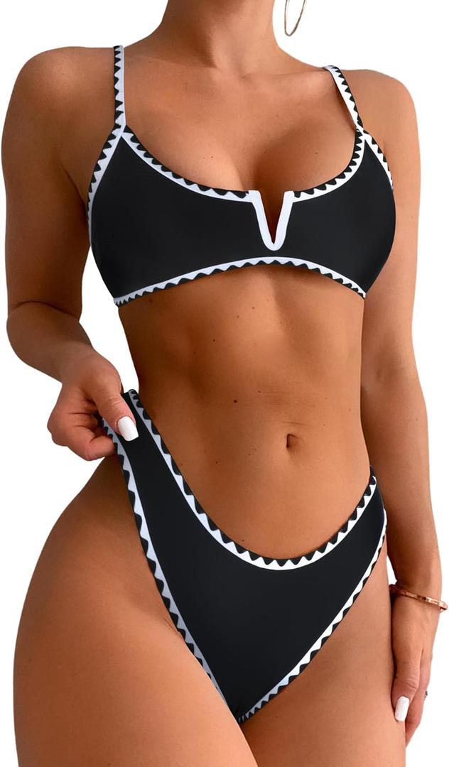 ZAFUL Women's High Cut Bikini Sets Ribbed V-Wire Cami Bikini Two Piece Swimsuit